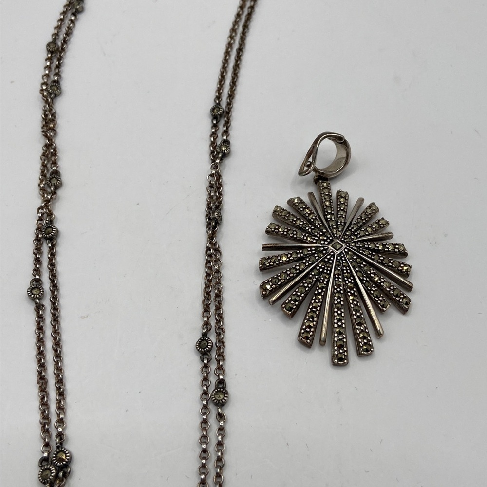 Vintage Suspicion Marcasite Sterling Silver 925 Sunburst Pendant Necklace 18”L - Picture 8 of 10